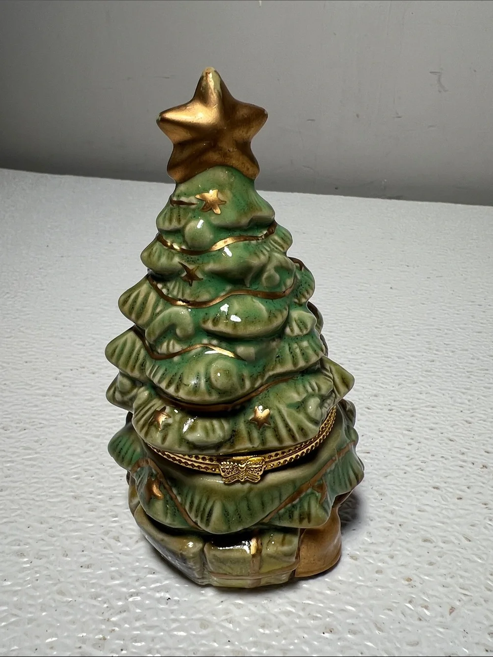 Vintage Green Ceramic Holiday Tree Jewelry Box with Gold Star on Top